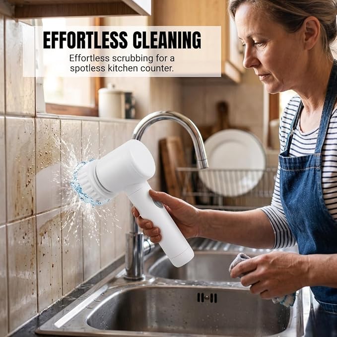 Electric Spin Scrubber - Cordless IPX7 Waterproof Shower Scrubber with 2 Speed Settings and 6 Replaceable Heads，Electric Cleaning Brush for Bathroom，Kitchen and Windows