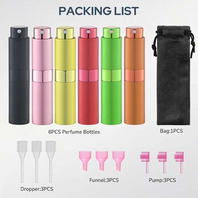 Lulupack Travel Perfume Bottle Refillable, 8ml Cologne Spray Atomizer, 6PCS | Small fragrance refill sprayer, empty decant container, twist up, leak-proof, portable, mini size, for men & women, TSA