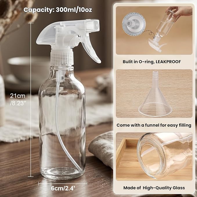 10oz Glass Spray Bottles 2 Pack, 360 Any-Angle Spraying | Refillable Spray Bottles with Adjustable Nozzle, Leakproof for Cleaning, Essential Oils, Plants, Hair Care