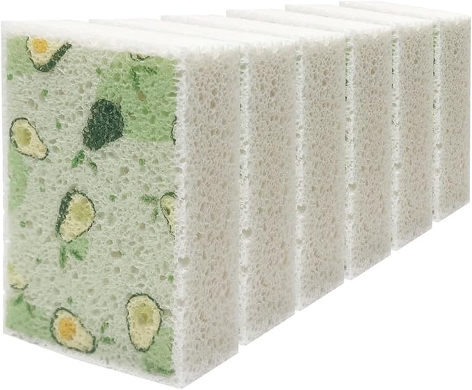 Scratch Scrub Sponge, 6 - Pack Kitchen Sponges for Cleaning Around the Home, Bathroom & More, Large Size Scratch-Free Dish Scrubber, Best for Nonstick Pots and Pans (4" x 6" x 1"), Avocado