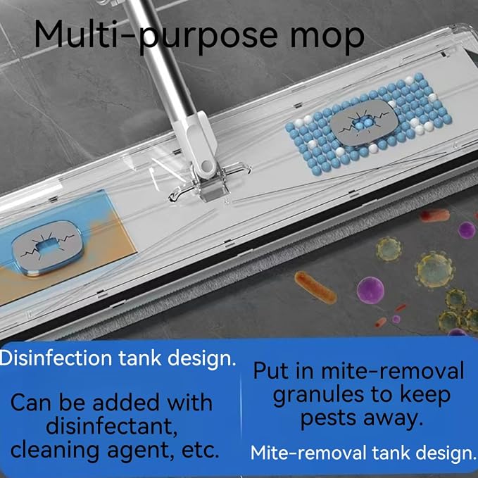 Hands Free Microfiber Mop with 4 Washable Pads | 61" Stainless Steel Handle, Efficient Flat Mop, For All Hard Floors