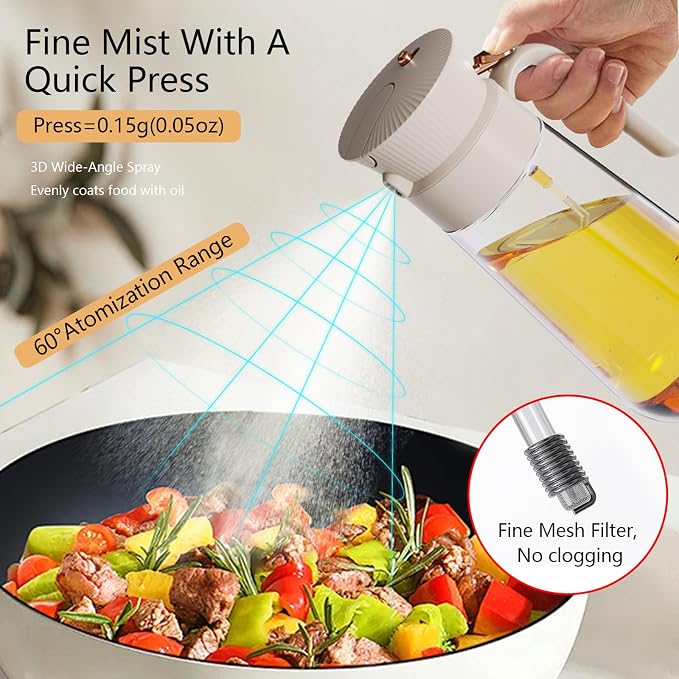 19.6 oz 2 in 1 Glass Olive Oil Sprayer for Cooking | Leak-Proof Oil Dispenser for Kitchen, Food-Grade Spray and Pour Bottle Air Fryer, BBQ, Salad, Baking - White