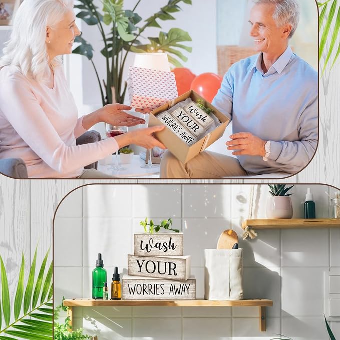 Moucuny 3 Pcs Laundry Room Decor Wood Block Signs Wash Your Worries Away
