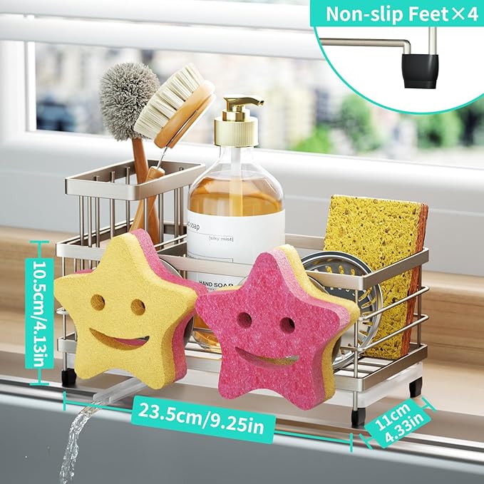 HapiRm Sink Caddy Sponge Holder - Self-draining Kitchen Sink Organizer with Smiley Face and Brush Holder, Stainless Steel Kitchen Sponge Caddy for Countertop - Brushed Nickel