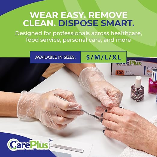 CARE PLUS Vinyl Gloves Clear Small, Disposable Latex Free, 1000 Count | Powder free exam grade protection for food service, salons & housekeeping; ambidextrous, tear resistant, comfortable fit