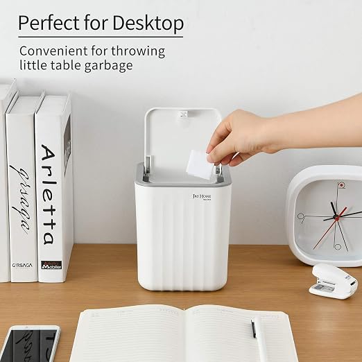 SUBEKYU Mini Desktop Trash Can with Lid,Table Top Trash Can,White 0.6 Gal | Small Square Countertop Garbage Bin, Plastic Tiny Wastebasket for Office Kitchen Coffee Table
