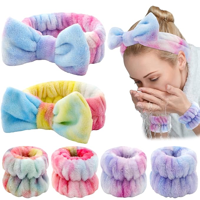 WHAVEL 6PCS Spa Headband and Wristbands Set, Face Wash Headband Wrist Bands for Washing Face Makeup Skincare Hair Band Skin Care Accessories Tools