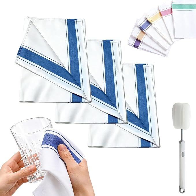 Premium Cotton Glass Cleaning Cloth, Highly Absorbent Wine Glass Polishing Cloths, Streak Free Lint-Free, Reusable Fast Drying Towels Polish Cloth for Glass Window Mirror (3*Blue, 20 * 28in)