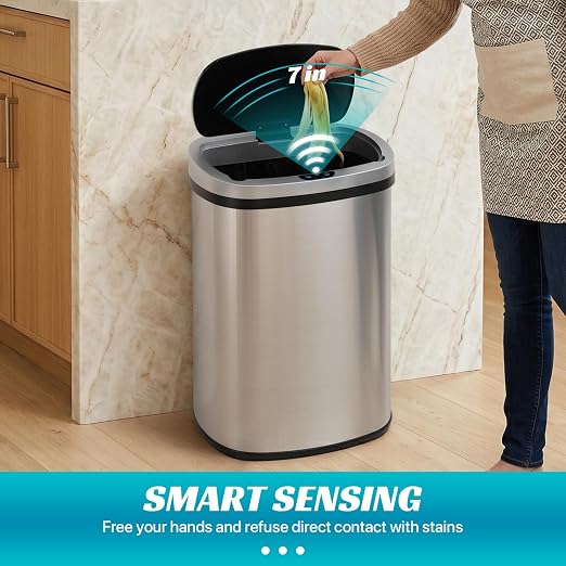 BLKMTY 13 Gallon Trash Can, Stainless Steel Garbage Can with Lid, Sliver | 50 Liters Kitchen Trash Bin, Touchfree Motion Sensor Garbage Bin, Tall Automatic, For Home Office Bathroom