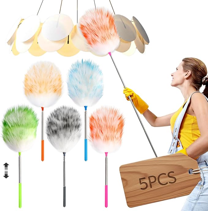 NEWONG 5 Pcs Extendable Lambswool Duster, 35-55'' Aluminum Handle | 5 Pcs set, 35-55 in reach, Natural lambswool head, Aluminum handle, Reusable for ceilings, fans and furniture