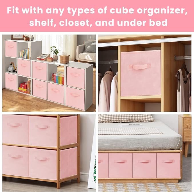 Storage Cubes - 11 Inch Heavy Duty Fabric Storage Bins for Shelves Closet, Cube Organizer - 8 Pack Collapsible Cube Storage Bins Baskets for Organizing Clothes Blankets Toys (Pink)