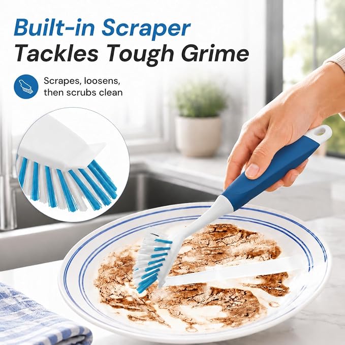 2-Pack Dish Brushes with Scraper, Durable Nylon Bristles Kitchen Scrub Brush, Dish Scrubber with Handle for Pans, Sink, Bathroom | Durable Bristles, Kitchen Scrub Brush, Dish Scrubber with Handle for Pans, Sink, Glasses