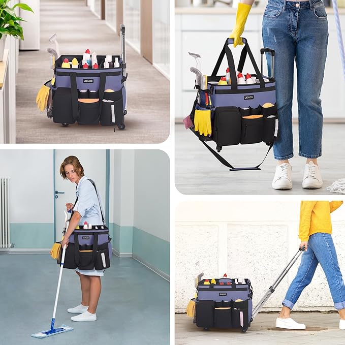 JKAOO Large Rolling Cleaning Caddy Bag with Detachable Trolley, Denim Blue | Waterproof Cleaning Caddy with Wheels, 40L Wheeled Organizer Cart for Supplies, Housekeepers, Home, Office, Car, Picnic