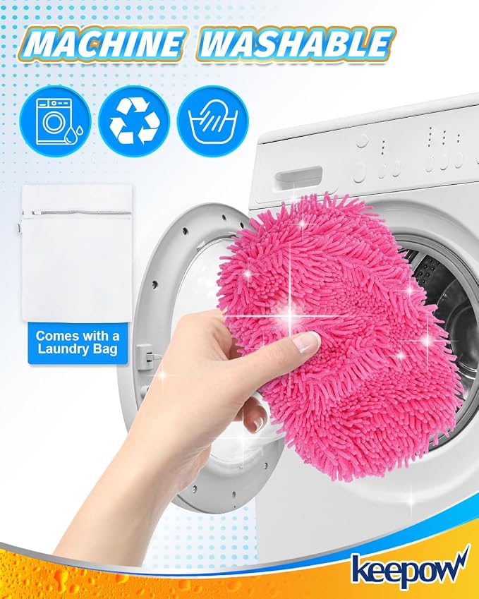 KEEPOW 4Pcs Pink Chenille Reusable Mop Pads Compatible with Swiffer Sweeper | Pink chenille refills for aesthetic home cleaning & color-coding, Washable pet hair pads fit standard 10-12" flat mops