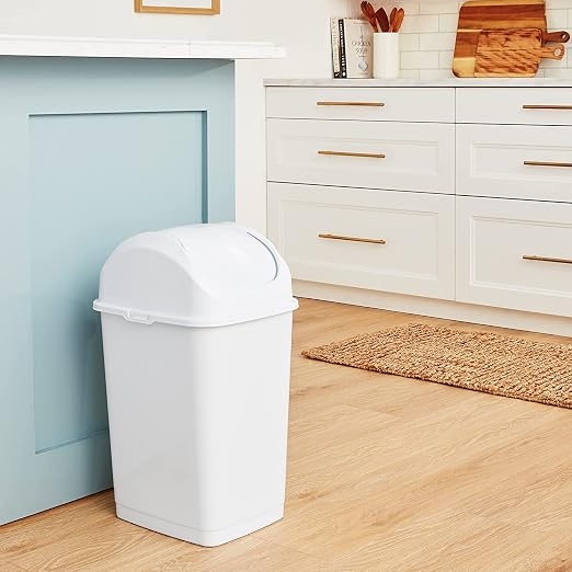 Superio Kitchen Trash Can with Swing Top Lid 9 Gallon Slim Waste Bin 37 Qt Sturdy Plastic Garbage Can Medium Recycling Bin for Office, Bathroom, Under Counter, Dorm, Bedroom (White)