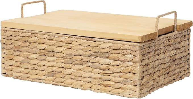 Handmade Water Hyacinth Wicker Baskets with Wooden Lid (Small) | Rectangle Natural Woven Decorative Household Storage Organizer for Picnics,Countertops,Bathrooms,Kitchens,Pantries,Shelves