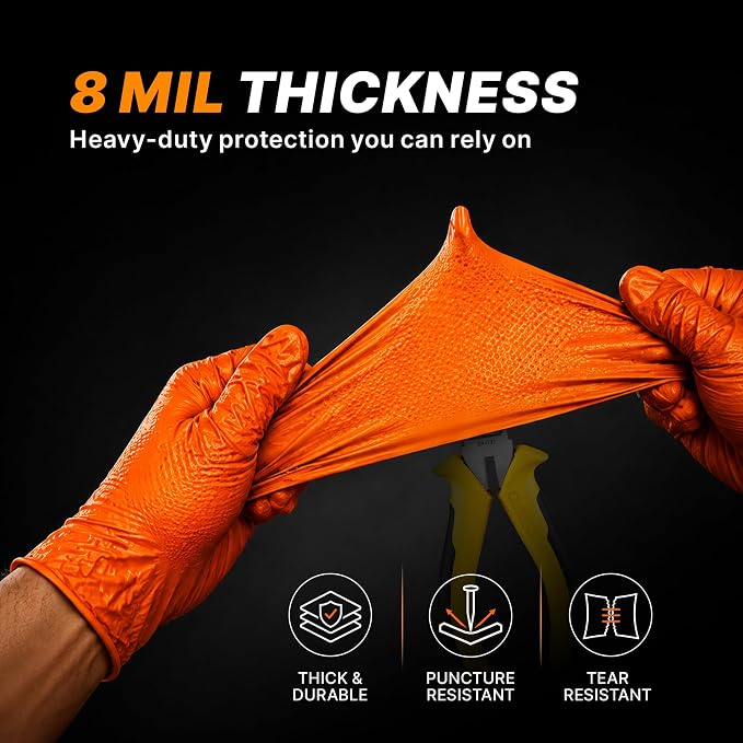 TitanFlex Heavy Duty Industrial Orange Nitrile Gloves, 8-mil, Gloves Disposable Latex Free with Raised Diamond Texture Grip, Powder Free, Rubber Glove, Mechanic Gloves,1000-ct Case (Small)