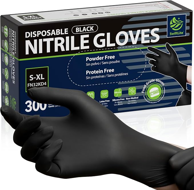 Nitrile Gloves Disposable Latex Free, Black | Food Safe Rubber Gloves Latex-Free and Powder-Free for Cooking, Food Prep, Kitchen, Household Cleaning