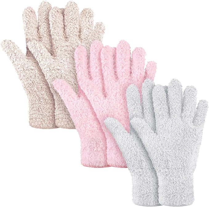 Patelai 3 Pairs Microfiber Dusting Gloves for Plants Leaf, Large | Pink, Nude, White, Plant Cleaning Gloves, Reusable Washable Gloves,House Furniture Blinds Dusting