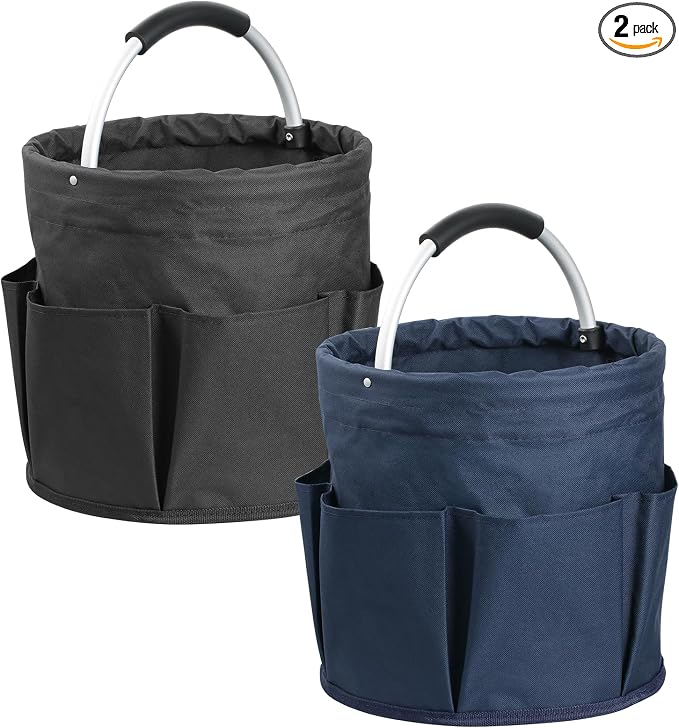 17L Bucket Tool Organizer with 6 Side Pockets, 2Pcs Collapsible Cleaning Caddy with Handle, Folding Gardening Tool Bag, Multifunctional Storage Basket for Garden, Bathroom, Black + Navy Blue