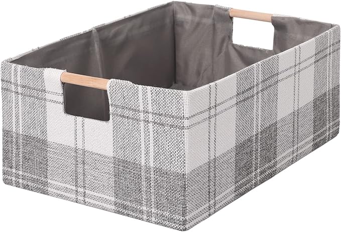 Fabric Storage Bin Box Collapsible Cotton Linen Storage Cube with Wooden Handles Rectangular Decorative Home Organizer Clothes Blanket Basket– Light Gray Plaid, Large