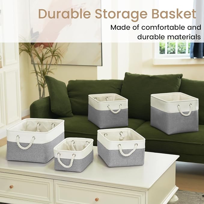 15.7x11.8x8.26 Inch Fabric Large Storage Bins with Handles 1 Pack | Foldable, Sturdy Metal Strand, Cardboard Support Molding, Fabric Storage Baskets for Shelves, Closet, Bedroom, White/Gray