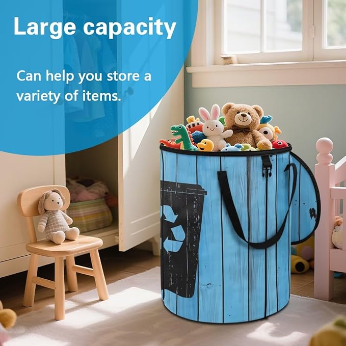 Collapsible Trash Can for Lawn and Yard Garden Leaf Bin, 24 Gallon Large Capacity Foldable Waster Bag with Lid and Handles Blue Recycle Sign Print