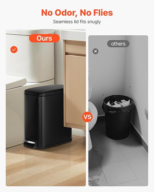 VEVOR Slim Bathroom Trash Can, 11.4 x 5.71 x 10.7 Inch Small Bedroom Trashcan with Step Pedal & Soft Close Lid, 6L Steel Garbage Can with Detachable Inner Bin, for Kitchen, Home, Dorm, Office, Black
