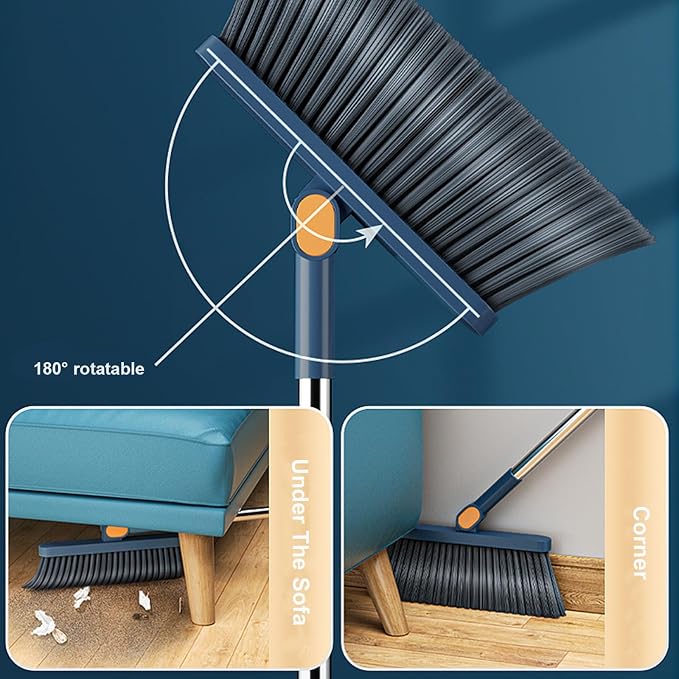 Broom and Dustpan Set, Long Adjustable Handle Indoor Sweeping Brooms, 180° Rotating Broom with Standing Storage and Scraping Teeth Dustpan to Clean Hair for Home Kitchen