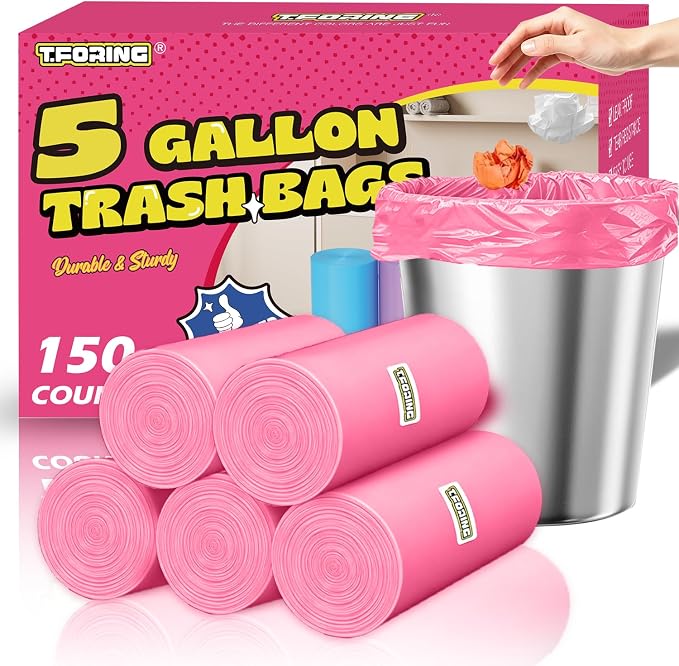 Small 5 Gallon Trash Bags Unscented, 0.94 Mil, Pink, 150 Count | 18 Liter Garbage Bag, Plastic Waste Basket Can Liners, Thick, Leakproof, Tear Resistant, for Bathroom Office Car Bulk