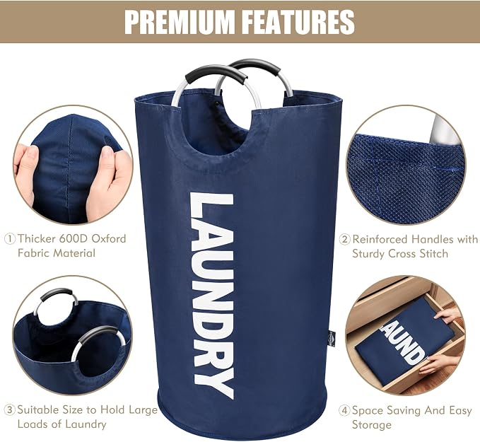 DOKEHOM 90L Large Laundry Basket Bag, Collapsible Tall Hamper, Dark Blue | Freestanding tall washing bin & foldable laundry bag. High-capacity clothes storage basket with durable sturdy handles