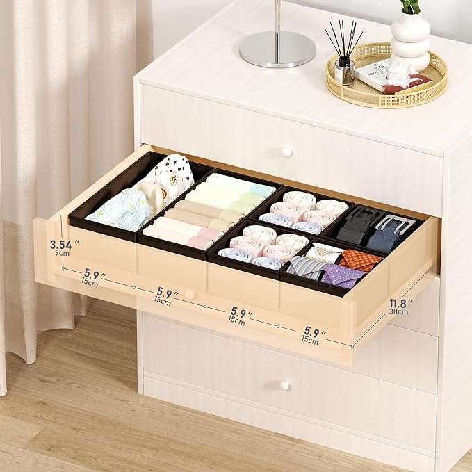 DIMJ Drawer Organizers Clothes, Set of 16 Dresser Organizer Bins, Fabric Closet Organizers and Storage, Shallow Drawer Dividers for Nursery, Clothing, Baby Clothes, Socks, Underwears, Tie (Black)
