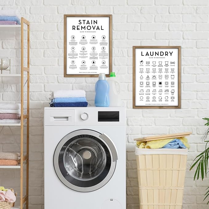 2 Piece Laundry Room Signs Pictures Wall Decor, 15.7×11.8 Inch Wooden Laundry Care Symbols Chart Wall Art, Stain Removal Wash Guide Print Rustic Farmhouse Decorations for Home Accessories