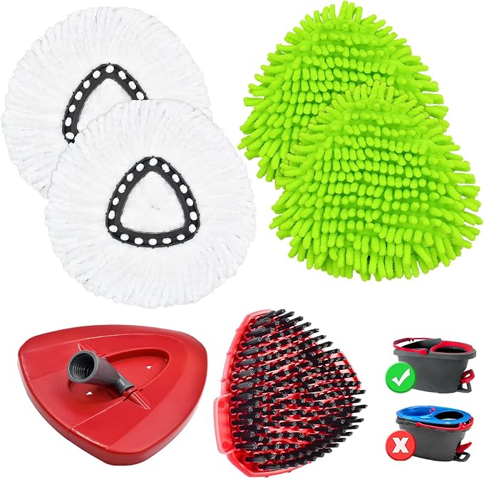 4PCS Mop Heads Replacements for OCedar, 1PCS Scrub Brush and 1PCS Spin Mop Base Compatible with Ocedar EasyWring 1 Tank System, Dry and Wet for Cleaning All Hard-surfaced Floors