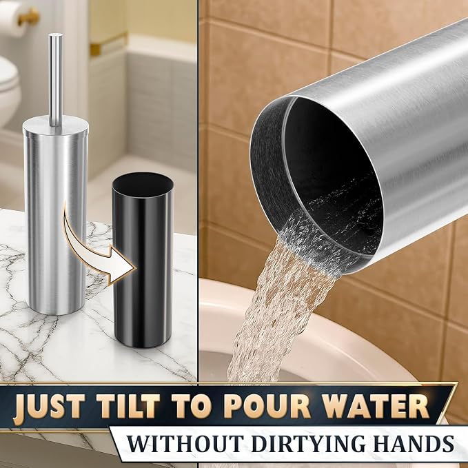 2Pcs Stainless Steel Toilet Brush and Holder Set, Hand Guard (Silver) | Toilet Bowl Brush and Holder, Removable Inner Bowl, Dense Bristles, Long Handle, Scratch Resistant, for Modern Bathrooms
