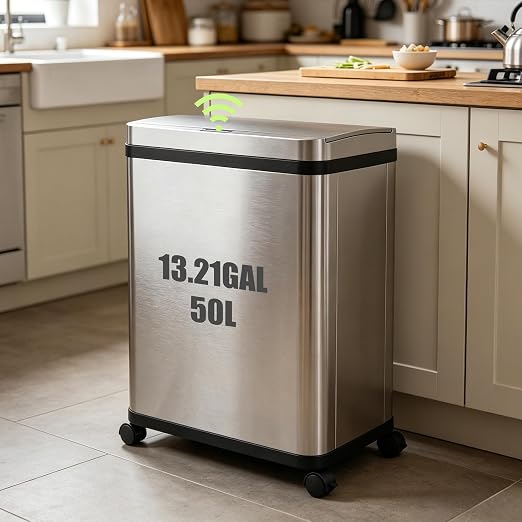 Pukomc Kitchen Trash Can,13 Gallon Motion Sensor Garbage Can | Brushed Stainless Steel ,Automatic Touchless,Removable garbage can ,Liner Pocket ,Fits Any Kitchen, Bathroom, Office, or Home