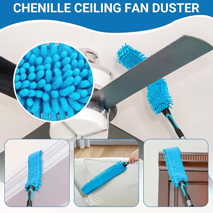 20FT High Ceiling Fan Duster with 5-12FT Extension Pole, Extendable Reusable Cobweb and Bendable Feather Duster Kit for Cleaning Spiderweb and Dust