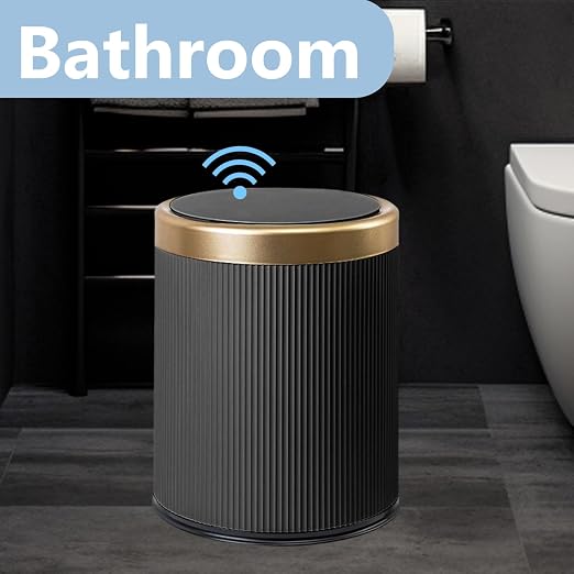 URALFA 2PCS Bathroom Trash Can Automatic Touchless, Motion Sensor Trash Can | 2.8 & 3.7 Gallon Bathroom Garbage Can with Lid, Smart Waterproof Trash Bin for Bedroom, Office, Restroom, Black and Gold