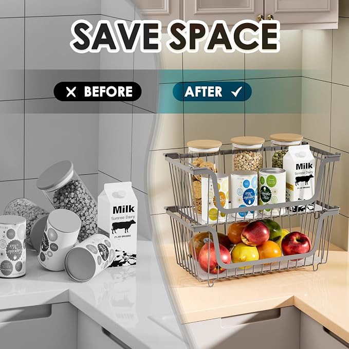 4 Pcs Stackable Wire Baskets for Pantry Organizers and Storage, | Vegetable Fruit Basket for Countertop,Kitchen Storage Metal Baskets,Produce Potato Onion Storage Bin,Gray