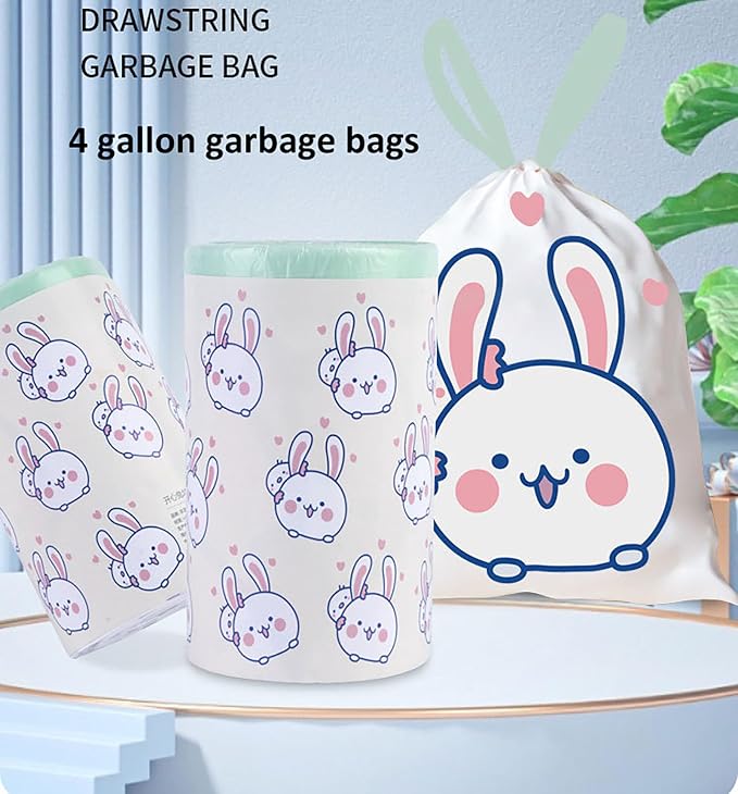 75 Counts 4 Gallon Trash Bags - 1.1 Mil Thick Drawstring small trash Bags for Bathroom, Kitchen, Bedroom, Office Toilet Home (White-Light blue, 75Counts)