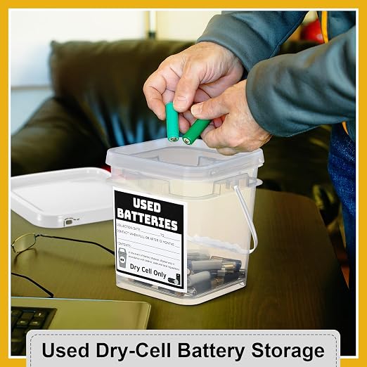 Baderke 1 Pack Battery Recycling Disposal Container with Label, White | 1.32 Gallon Capacity, Battery Recycling Container with Label, Used-dry-cell Battery Storage Organizer, for Household, Office