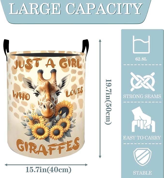 Giraffe Sunflower Laundry Basket, Dirty Collapsible Clothes Toy Organizer Hamper for Kids Adults, Oxford Cloth Waterproof Storage Bin for Bedroom Bathroom Home Decor Gifts, 19.7"X15.7"
