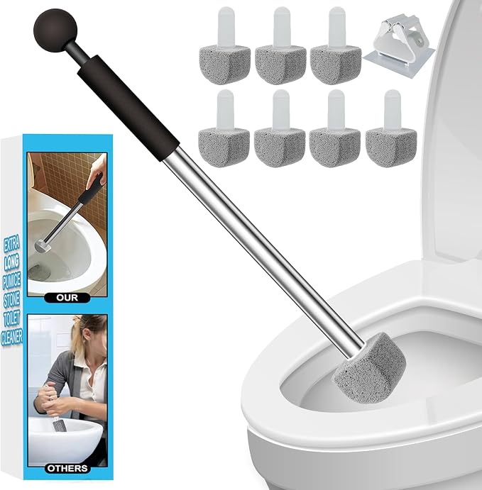 Pumice Stone Toilet Bowl Cleaner - Hard Water Stain Remover | Natural pumice removes hard water rings, limescale & rust on toilets, tiles, sinks & grills. Long handle + 8 refills.