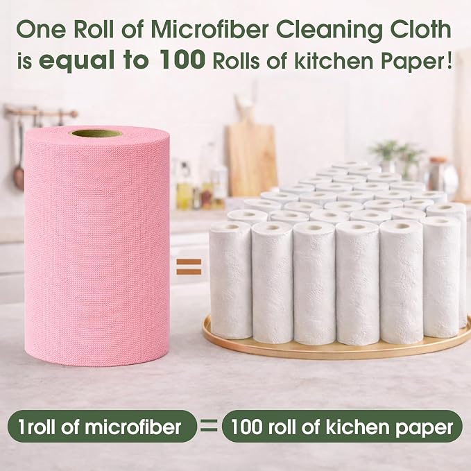 Reusable Microfiber Cloth Roll - 100 Pack, 12"x12" Washable Tear-Away Towels. Fits Paper Towel Holders. Lint-Free & Streak-Free Rags for Kitchen, Glass, Cars, Electronics (Pink)