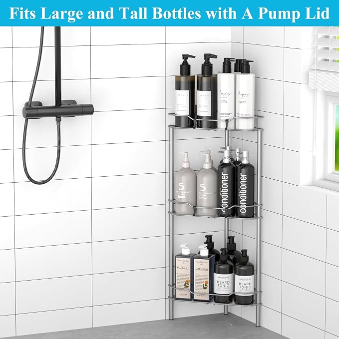 HuggieGems Metal Floor Standing Corner Shower Caddy, Gray, 3 Tier | Adhesive Bathroom Organizer Shelves, Free Standing Shower Rack with Hooks, Hold Large Shampoo Bottles
