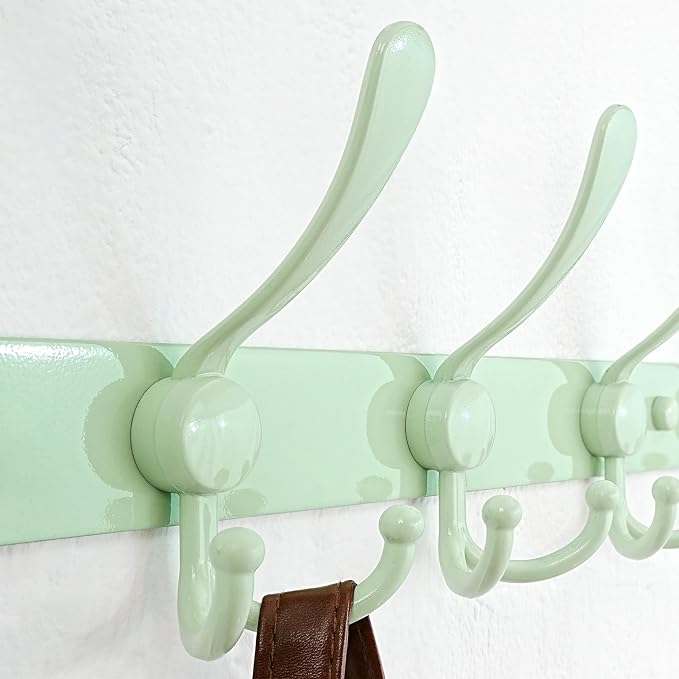 Dseap Coat Rack Wall Mounted - 5 Tri Hooks, Heavy Duty, Stainless Steel, Metal Coat Hook Rail for Coat Hat Towel Purse Robes Mudroom Bathroom Entryway (Green, Pack of 2)