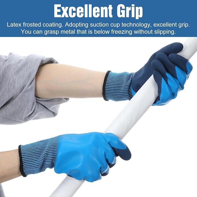 12 Pairs Waterproof Work Gloves Bulk, Safety Work Gloves for Men and Women, Double Coated Latex Non-Slip Grip, Durable for Gardening, Construction, Car Cleaning and Outdoor Activities (Blue)