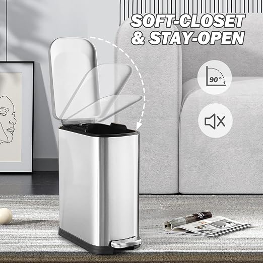 SYNCVIBE Bathroom Trash Can with Soft Close Lid 3.5 Gallon Silver | Stainless Steel Garbage Can with Removable Inner Bucket Slim Trash Bins with Step Pedal for Bedroom, Office