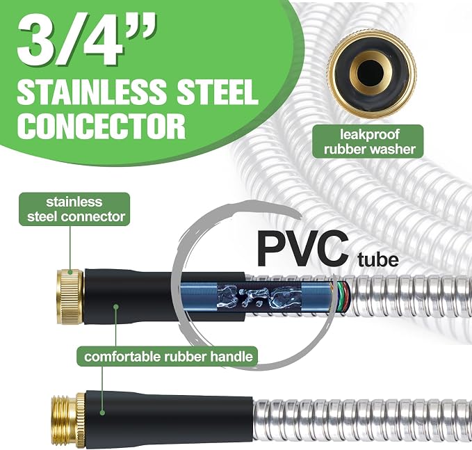 TVKB Garden Hose 100ft Stainless Steel Water Hose Super Tough Flexible Water Pipe with Brass Fittings and Sprayer Nozzle, No Kink, Rust Proof