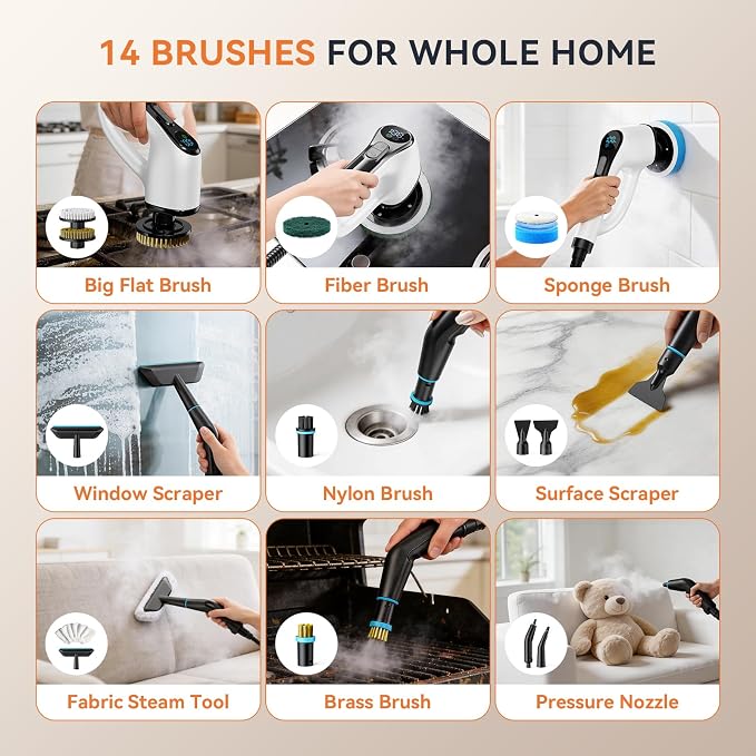 Steam Cleaner, Electric Spin Scrubber Portable Steamer for Cleaning | 16pc Accessories, 6-Level Adjustable 15s Heat-Up, Handheld Steam Cleaner for Home, Tile, Dirt, Grout, Grease, Car Detailing